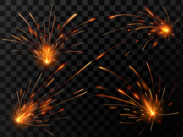 Realistic fire sparks. spark flow of steel welding or metal cutting work set
