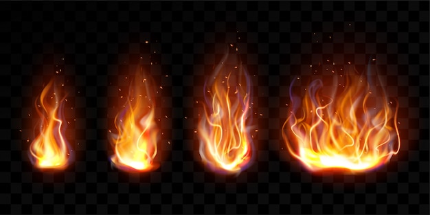 Реалистичная огонь, факел пламя набор изолированных картинки