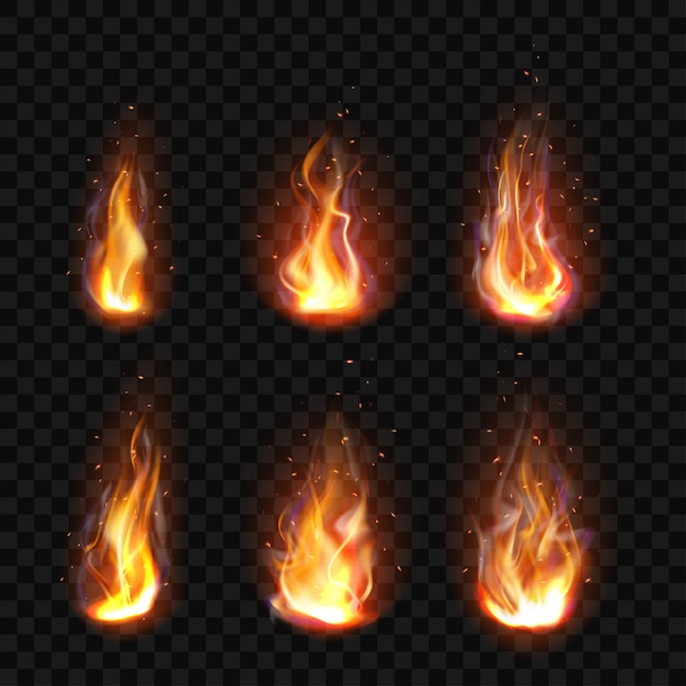 Realistic fire, torch flame set isolated clip art