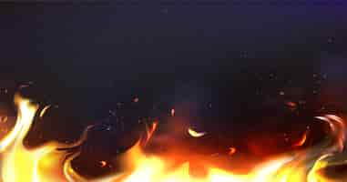 Free vector realistic fire with glowing sparks bright burning blaze and smoke