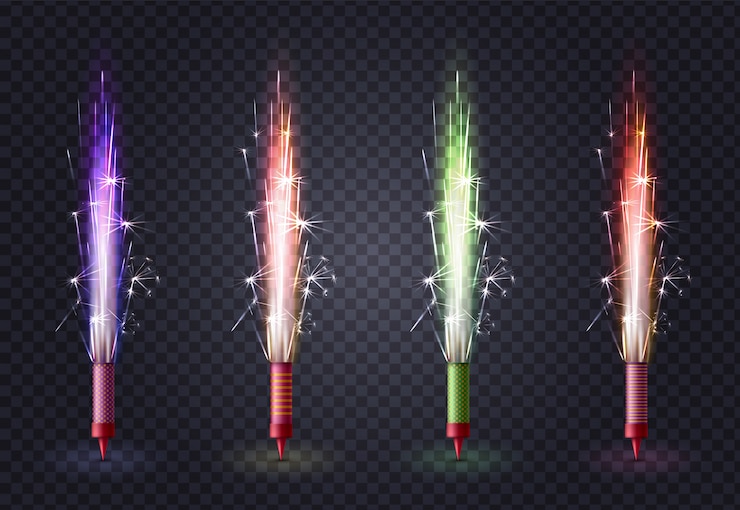 Free Vector realistic fireworks colored set with four isolated images of sparkler bengal light sticks on transparent 