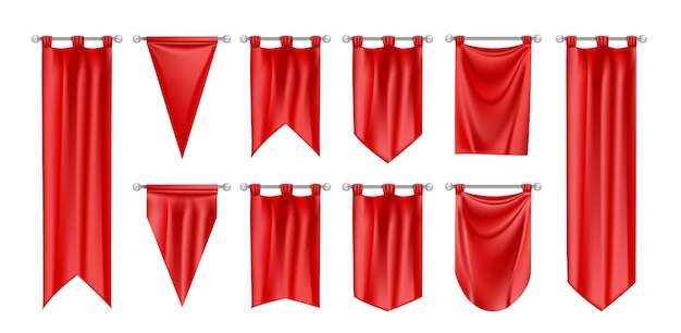 Free vector realistic flag pennant mockup set with isolated images of hanging red pennons of different border shape vector illustration