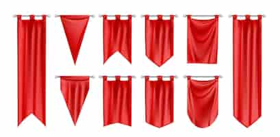 Free vector realistic flag pennant mockup set with isolated images of hanging red pennons of different border shape vector illustration