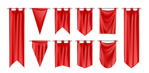 Бесплатное векторное изображение Реалистичный макет вымпела флага с изолированными изображениями висящих красных вымпелов различной формы границы векторной иллюстрации