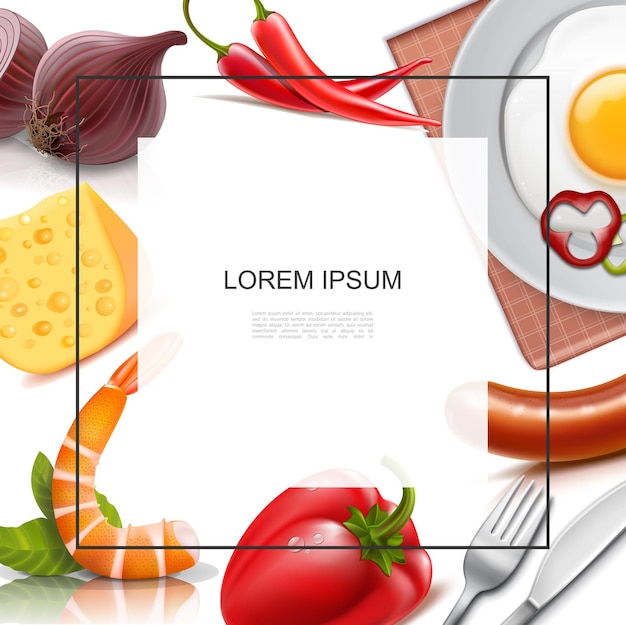 Реалистичная еда красочный шаблон с рамкой для текста лук чили и красный перец сосиски сырный омлет на тарелке вилка нож
