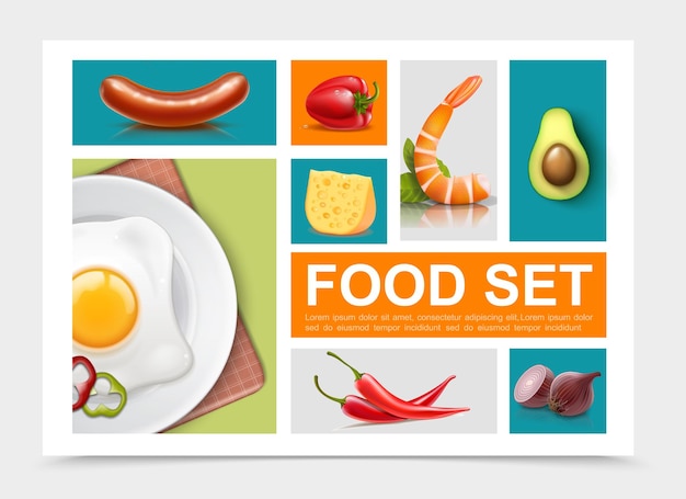 Free vector realistic food elements collection with egg omelette sausage pepper cheese onion avocado isolated