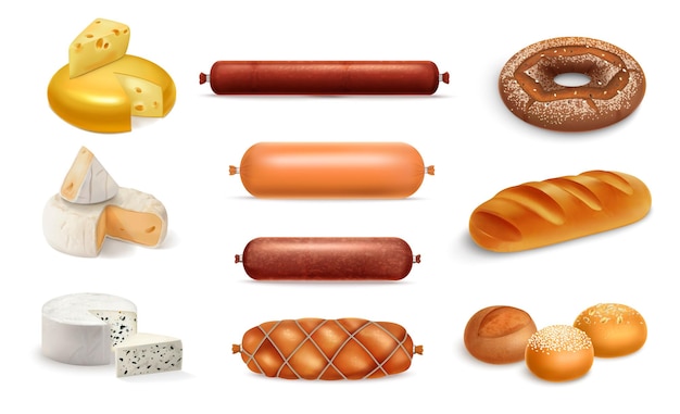 分離した白い背景のベクトル図にさまざまな種類のチーズ ソーセージとパンをセットした現実的な食品製品