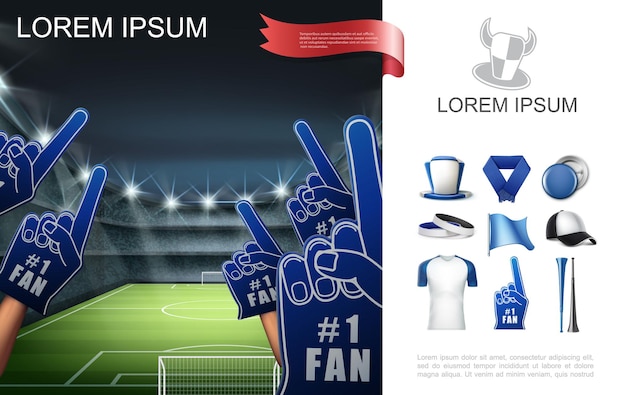 Realistic football fans attributes concept with soccer field cap hat scarf flag shirt foam gloves badges vuvuzela trumpets  illustration