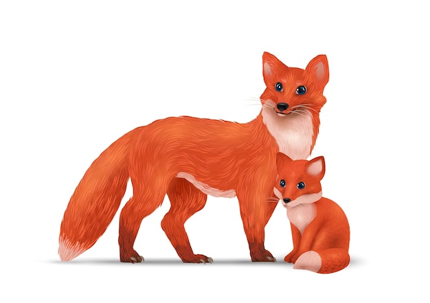 Free vector realistic foxes composition with isolated view of adult specimen and wild fox kid on blank background vector illustration