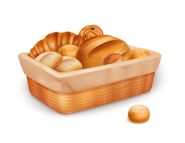 Free vector realistic fresh bread loaves and pastry in wicker basket vector illustration