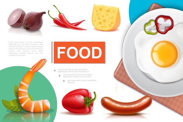 Бесплатное векторное изображение Реалистичная композиция из свежих продуктов с яичным омлетом на тарелке, луком, перцем, колбасами, сыром