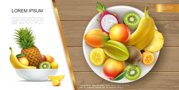 Realistico fresco sano concetto di cibo estivo con piatto di banana kiwi mango ananas kumquat carambola frutti di drago e le loro fette illustrazione