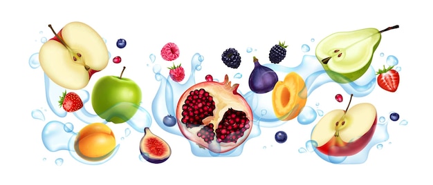 Frutta matura fresca realistica che galleggia nell'acqua spruzza l'illustrazione di vettore