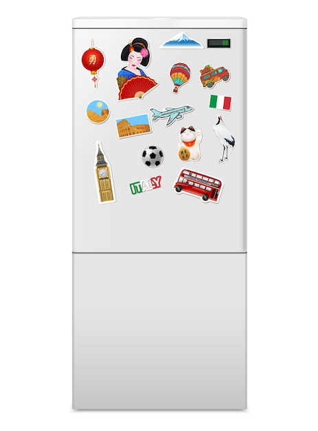 Free vector realistic fridge front door with souvenir magnets from different countries vector illustration