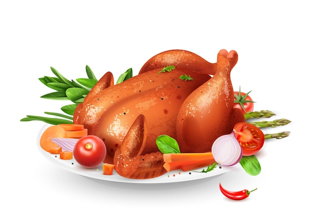 Реалистичная жареная курица с овощным гарниром на векторной иллюстрации тарелки