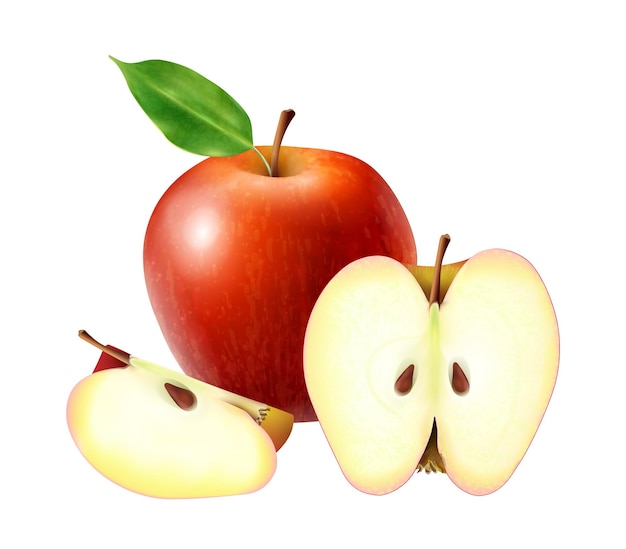 Vettore gratuito composizione di frutti realistici con immagini di frutta mela intera e affettata su sfondo bianco illustrazione vettoriale