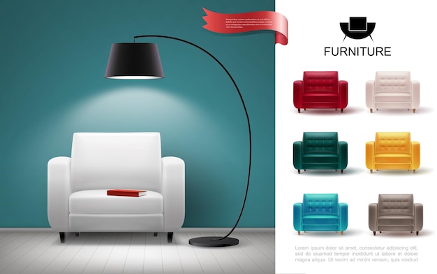 Realistic furniture concept with floor lamp shining on soft chair and colorful armchairs