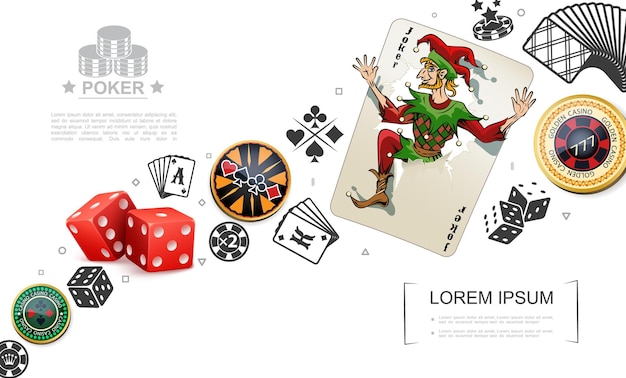 Realistic gambling and poker elements concept with joker playing card dices colorful casino chips