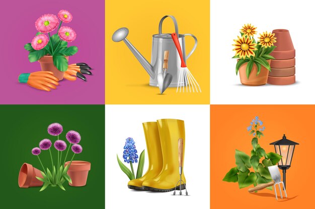 Realistic garden design concept with flowers and boots illustration