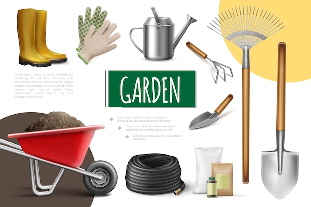 Realistic garden elements collection with boots gloves watering can hose wheelbarrow fertilizer bags shovel trowel rake hoe isolated  illustration