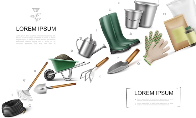 Free vector realistic garden elements concept with hose wheelbarrow of dirt shovel trowel rake fertilizer bags boots buckets watering can gloves hoe  illustration