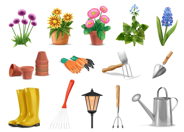 Free vector realistic garden flowers plants and tools set with isolated icons images of gardening equipment and flowers vector illustration