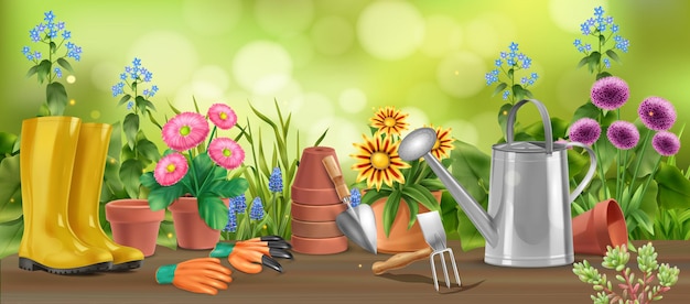 Realistic garden horizontal composition of wooden table with flowers in pots watering can boots and hoe illustration