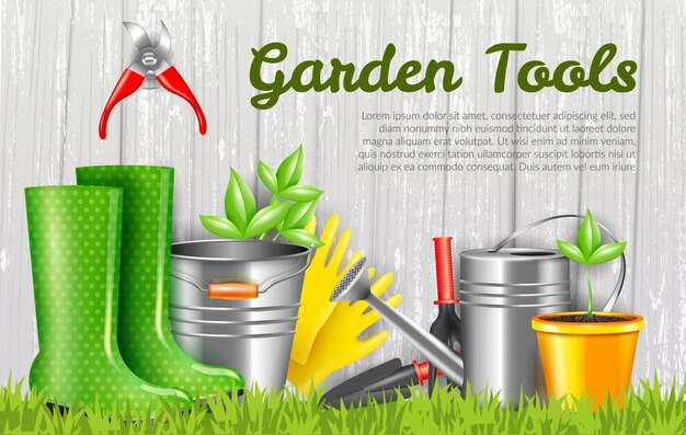Realistic Garden Tools Horizontal Illustration