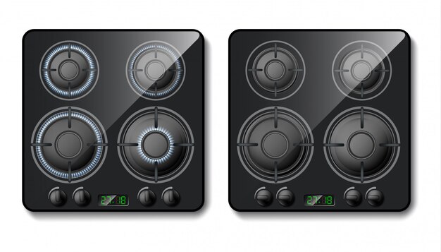 Realistic gas stove. Black cooker top with burners with flame, hobs with fire
