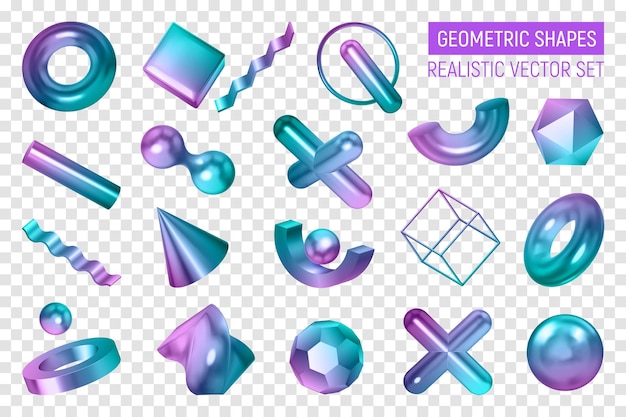 Vettore gratuito set di forme geometriche realistiche a colori trasparenti con corpi geometrici 3d isolati dipinti in sfumature di colore sfumato