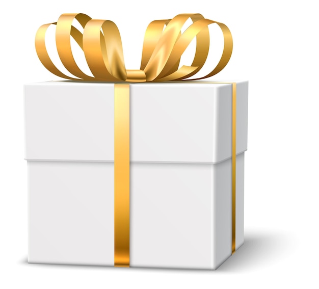 황금 리본으로 묶인 현실적인 선물 상자. 흰색 배경에 고립 된 흰색 선물 패키지