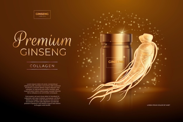 Realistic ginseng ad with golden particles