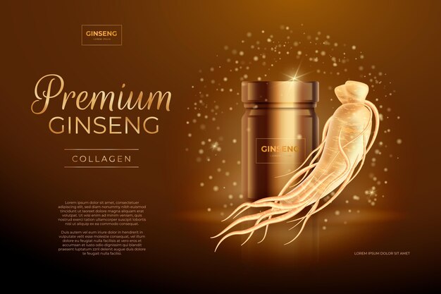 Realistic ginseng ad with golden particles