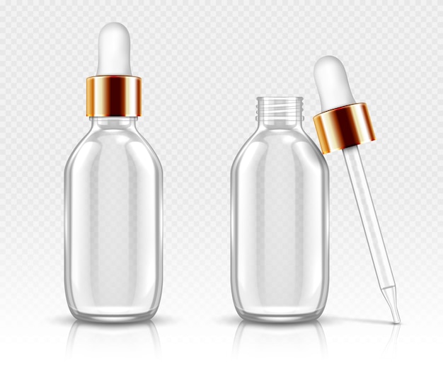 Free vector realistic glass bottles with dropper for serum or oil. cosmetic flask or vials for organic aroma essence, anti-aging essential collagen for beauty care, isolated transparent flacon 3d