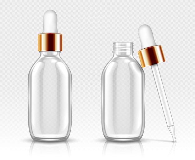 Realistic glass bottles with dropper for serum or oil. Cosmetic flask or vials for organic aroma essence, anti-aging essential collagen for beauty care, isolated transparent flacon 3d