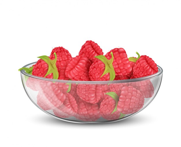 Realistic glass bowl with heap of red ripe raspberry isolated on background. 