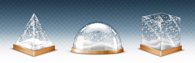 現実的なガラスキューブ、ピラミッド、雪片とドーム、透明で分離されたクリスマス雪の世界のお土産