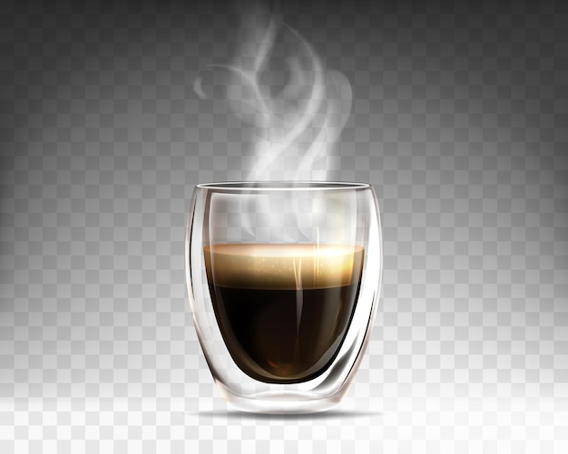 リアルなガラスのコップが熱い蒸しコーヒーを満たしました。アメリカーノの香りがいっぱいの二重壁のマグカップ。透明な背景に分離された煙とエスプレッソドリンク。広告や製品デザインのテンプレート。