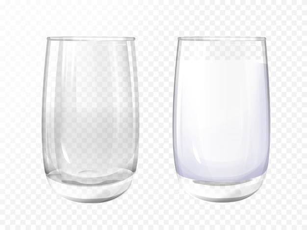 Реалистичный стакан пустой и молочная чашка на прозрачном фоне.