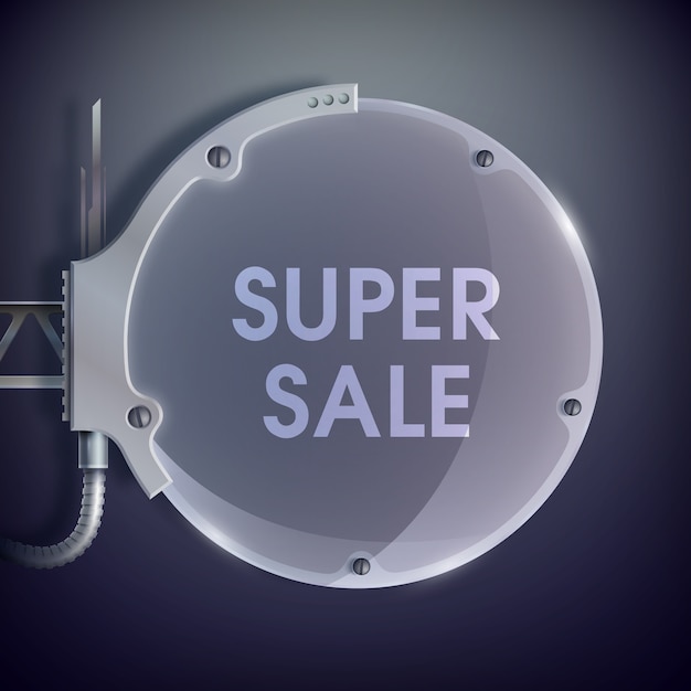 Реалистичный шаблон стеклянной промышленной лампы с надписью super sale для скидок и предложений для вашего бизнеса.