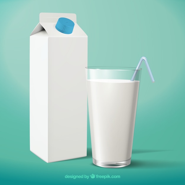 Realistic glass of milk and packaging