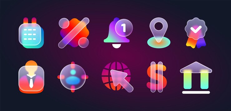 Free Vector realistic glass morphism transparent ui icons for mobile app with blur neon gradient