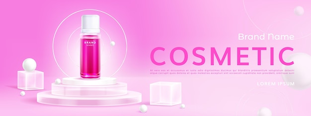 Realistic glass podium cosmetics ads