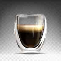 Free vector realistic glossy glass cup with hot espresso. mug mug with double wall full of aroma americano. coffee drink realistic on transparent background. template for branding, advertising or product design.