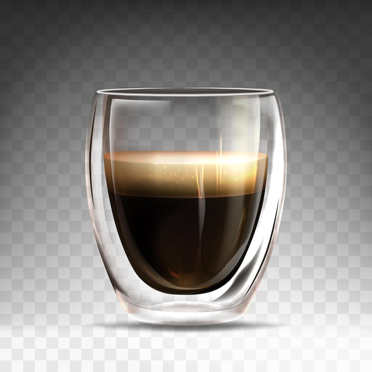 Free Vector realistic glossy glass cup with hot espresso. mug mug with double wall full of aroma americano. coffee drink realistic on transparent background. template for branding, advertising or product design.