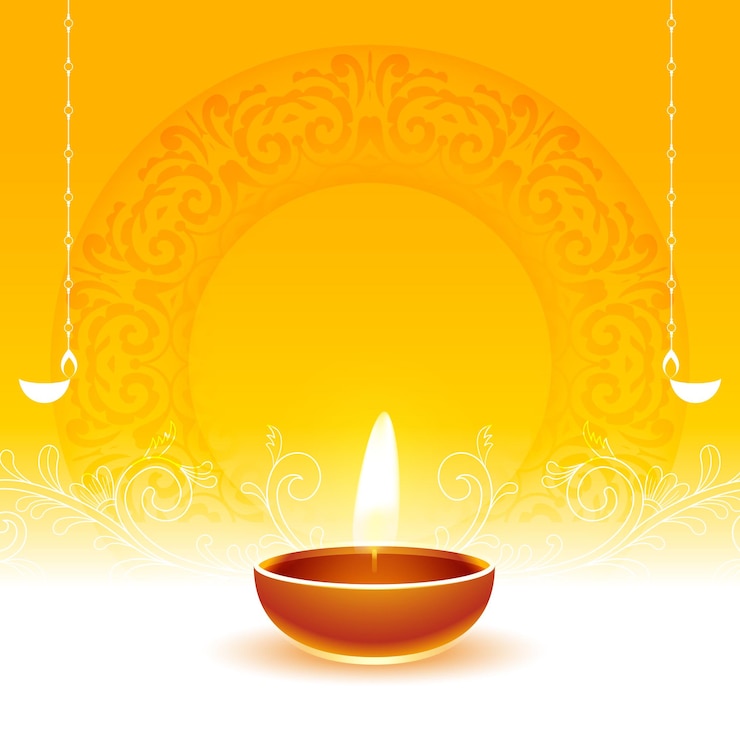 Free Vector realistic glowing diwali diya yellow background with text space