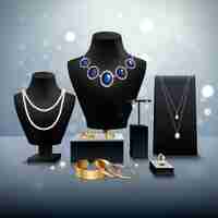 Free vector realistic gold and silver jewelry display on black mannequins and stands on grey surface