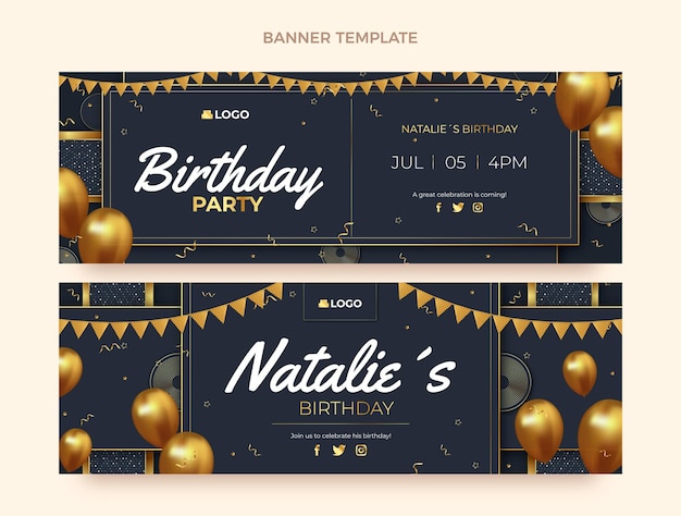 Realistic golden birthday horizontal banners