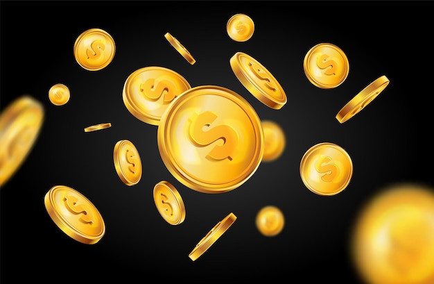 Free vector realistic golden coins composition of black background and flying dollar cents colored in gold in motion vector illustration