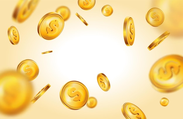 Realistic golden coins composition with bright gradient light source surrounded by flying money with dollar signs vector illustration